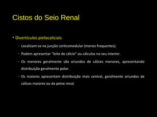 Cistos do Seio Renal
• Divertículos pielocaliciais
- Localizam-se na junção corticomedular (menos frequentes).
- Podem apresentar “leite de cálcio” ou cálculos no seu interior.
- Os menores geralmente são oriundos de cálices menores, apresentando
distribuição geralmente polar.
- Os maiores apresentam distribuição mais central, geralmente oriundos de
cálices maiores ou da pelve renal.
 
