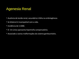 Agenesia Renal
• Ausência de tecido renal, secundária à falha na embriogênese.
• Se bilateral é incompatível com a vida.
• Incidência de 1:1000.
• O rim único apresenta hipertrofia compensatória.
• Associado a outras malformações do sistema genitourinário.
 
