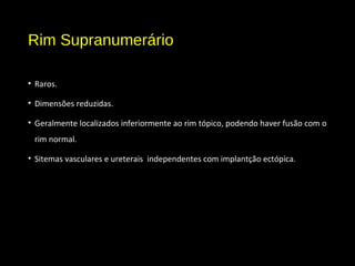 Rim Supranumerário
• Raros.
• Dimensões reduzidas.
• Geralmente localizados inferiormente ao rim tópico, podendo haver fusão com o
rim normal.
• Sitemas vasculares e ureterais independentes com implantção ectópica.
 