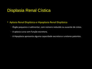 Displasia Renal Cística
• Aplasia Renal Displásica e Hipoplasia Renal Displásica
- Órgão pequeno e rudimentar, com número reduzido ou ausente de cistos.
- A aplasia cursa sem função excretora.
- A Hipoplasia apresenta alguma capacidade excretora e ureteres patentes.
 
