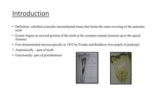 Introduction
• Definition: calcified avascular mesenchymal tissue that forms the outer covering of the anatomic
roots
• Extent: begins at cervical portion of the tooth at the cemento-enamel junction up to the apical
foramen
• First demonstrated microscopically in 1835 by Franke and Rashkow (two pupils of purkinje)
• Anatomically – part of tooth
• Functionally- part of periodontium
 