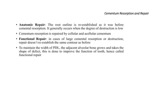 Cementum Resorption and Repair
• Anatomic Repair: The root outline is re-established as it was before
cemental resorption. It generally occurs when the degree of destruction is low
• Cementum resorption is repaired by cellular and acellular cementum
• Functional Repair: in cases of large cemental resorption or destruction,
repair doesn’t re-establish the same contour as before
• To maintain the width of PDL, the adjacent alveolar bone grows and takes the
shape of defect, this is done to improve the function of tooth, hence called
functional repair
 