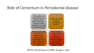 Role of Cementum in Periodontal disease
The surface on
which plaque and
calculus attach.
Role of therapy is
to remove these
accretions as a part
of treatment plan
It forms the inner
wall of
periodontal
pocket
This tissue is static
as compared to
other dynamic
tissues in the
surrounding, so
any change will
have long term
effects
Its intimately
involved in all
phases of
Periodontal
disease processes,
so it must be
returned to a
healthy state
DCNA Vol.24 Issue 4 (1980)- Joseph J. Aleo
 