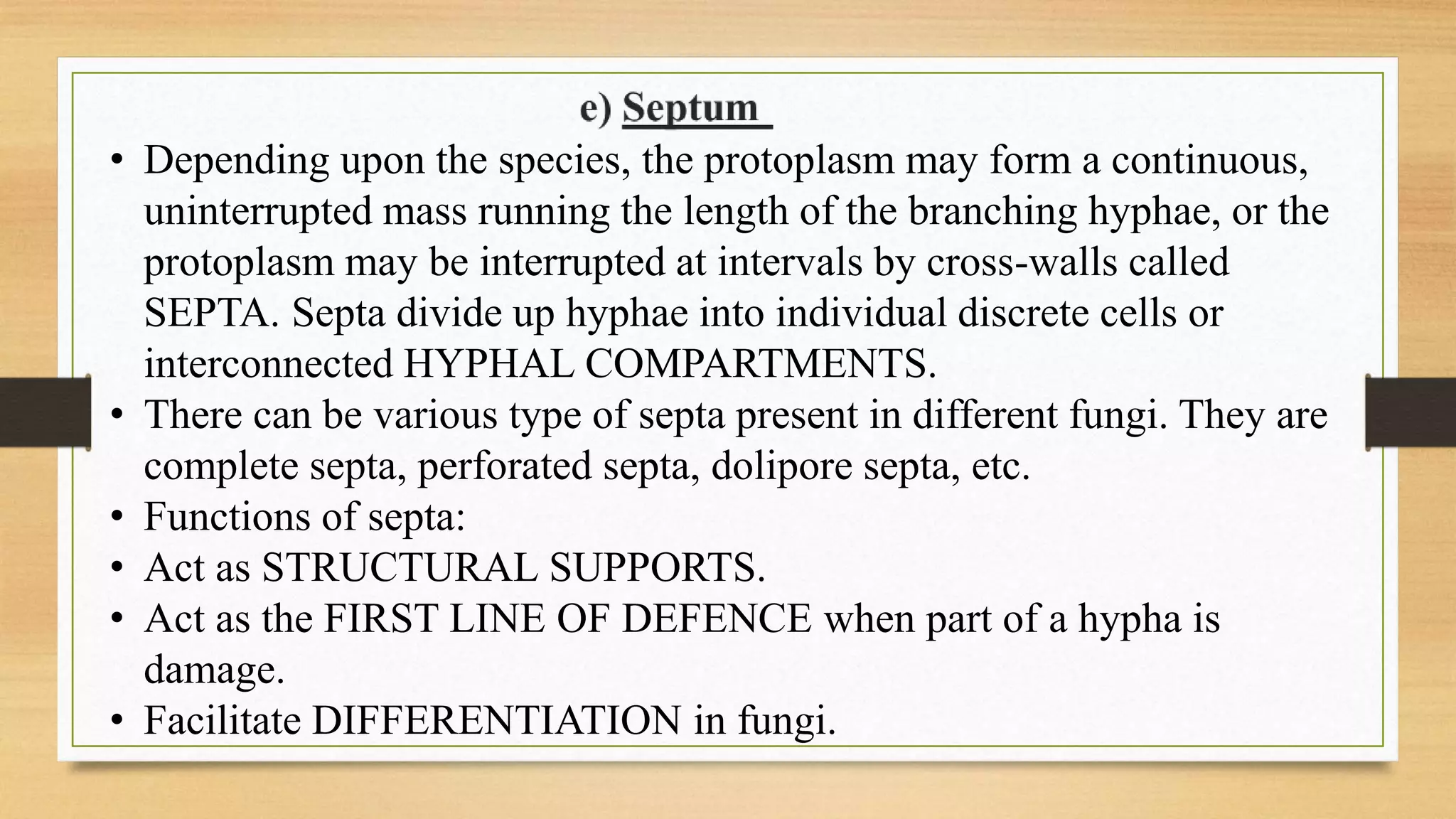 • Depending upon the species, the protoplasm may form a continuous,
uninterrupted mass running the length of the branching hyphae, or the
protoplasm may be interrupted at intervals by cross-walls called
SEPTA. Septa divide up hyphae into individual discrete cells or
interconnected HYPHAL COMPARTMENTS.
• There can be various type of septa present in different fungi. They are
complete septa, perforated septa, dolipore septa, etc.
• Functions of septa:
• Act as STRUCTURAL SUPPORTS.
• Act as the FIRST LINE OF DEFENCE when part of a hypha is
damage.
• Facilitate DIFFERENTIATION in fungi.
 
