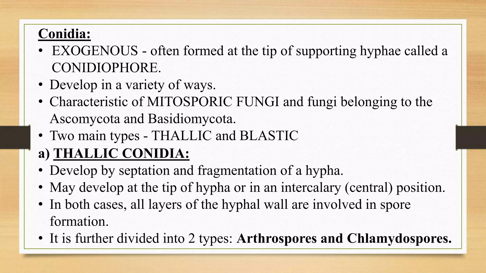 Conidia:
• EXOGENOUS - often formed at the tip of supporting hyphae called a
CONIDIOPHORE.
• Develop in a variety of ways.
• Characteristic of MITOSPORIC FUNGI and fungi belonging to the
Ascomycota and Basidiomycota.
• Two main types - THALLIC and BLASTIC
a) THALLIC CONIDIA:
• Develop by septation and fragmentation of a hypha.
• May develop at the tip of hypha or in an intercalary (central) position.
• In both cases, all layers of the hyphal wall are involved in spore
formation.
• It is further divided into 2 types: Arthrospores and Chlamydospores.
 