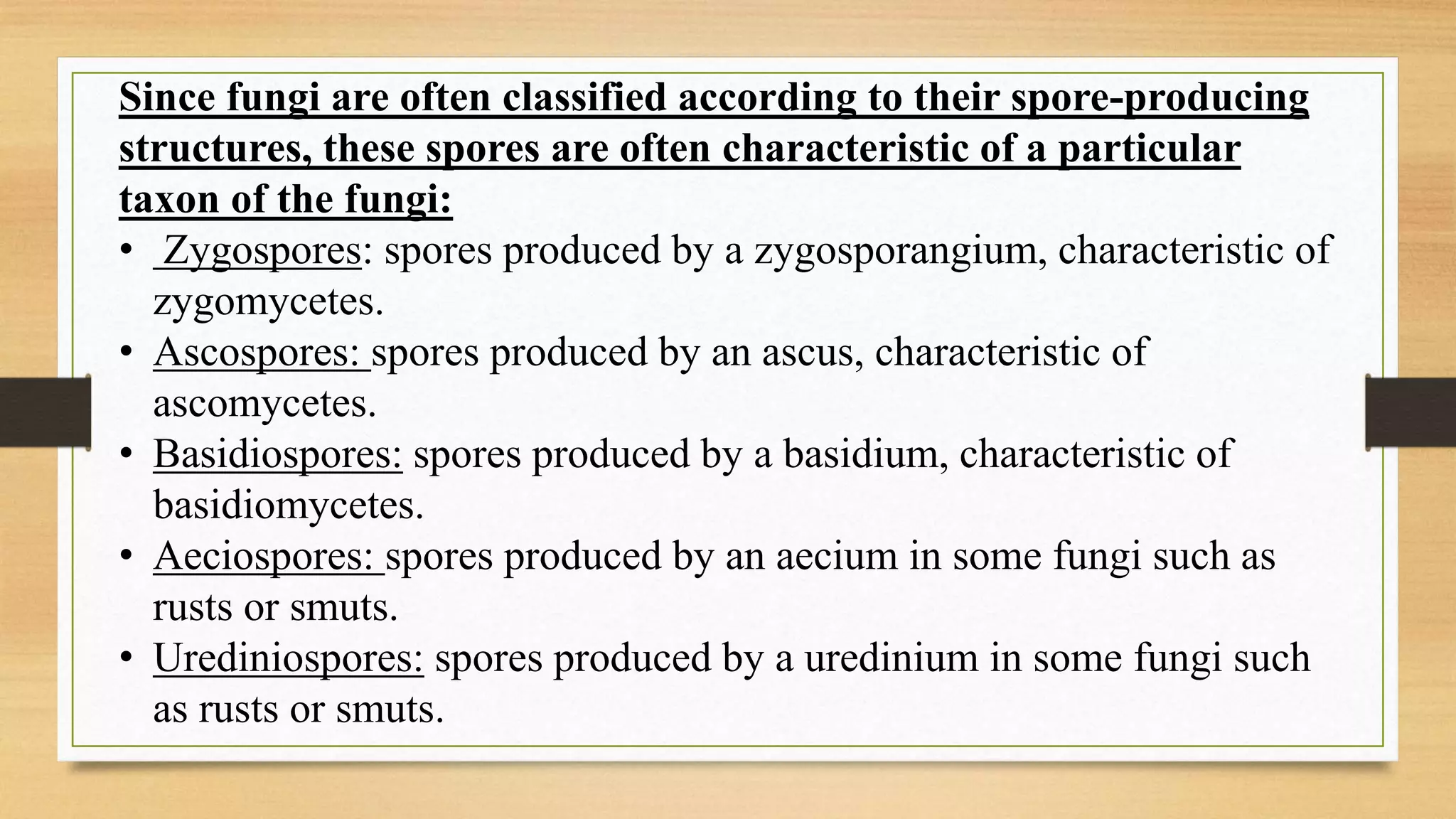 Since fungi are often classified according to their spore-producing
structures, these spores are often characteristic of a particular
taxon of the fungi:
• Zygospores: spores produced by a zygosporangium, characteristic of
zygomycetes.
• Ascospores: spores produced by an ascus, characteristic of
ascomycetes.
• Basidiospores: spores produced by a basidium, characteristic of
basidiomycetes.
• Aeciospores: spores produced by an aecium in some fungi such as
rusts or smuts.
• Urediniospores: spores produced by a uredinium in some fungi such
as rusts or smuts.
 
