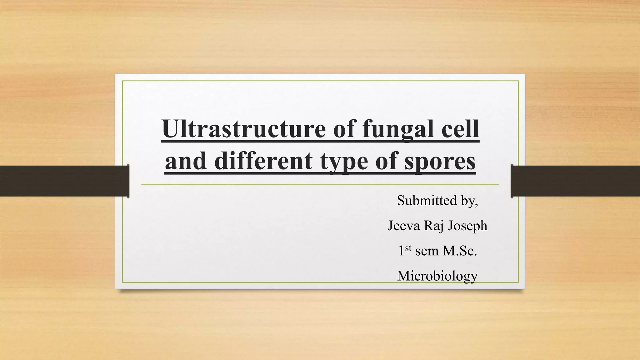 Ultrastructure of fungal cell
and different type of spores
Submitted by,
Jeeva Raj Joseph
1st sem M.Sc.
Microbiology
 