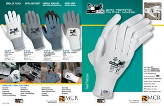 mcr-UltraTech Brochure_JULTRA_1108:8.5x11    11/12/08       8:17 AM   Page 1




          SENSE OF TOUCH              EXTRA DEXTERITY GENERAL PURPOSE                                              EXTRA GRIP
                                                                         REPELS LIQUIDS FOR A FIRM WET GRIP        ESPECIALLY FOR GLASS


                                                                                                                                                                               Ultra Protection
                                                                                                                                                                               for Every Industry


                                                                                                                                                            U LT R A T E C H


                                                                                                                                                            AIR-INFUSED
                                                                                                                                                               L AT E X
                                                                                                                                                                 PU




       9695                         9696                                   9699                                9698
       ULTRA TECH® PU               ULTRA TECH® PU™                        ULTRA TECH® HPT                     ULTRA TECH® TEXTURED
       Polyurethane™                Polyurethane                           with HYDROPELLENT                   LATEX
       15-Gauge                     15-Gauge                               TECHNOLOGY                          13-Gauge
       100% Nylon Shell Low Lint    100% Nylon Shell Low Lint              15-Gauge                            100% Stretch Nylon Shell
       CE Score 4131                CE Score 4131                          100% Nylon Shell                    CE Score 2131
       Sizes: L, M, S, XL, XS       Sizes: L, M, S, XL, XS                 CE Score 4131                       Sizes: L, M, S
                                                                           Sizes: L, M, S, XL, XS




                                                                                                                                                                                                                   ULTRA FIT,
                                                                                                                                                                                                                   ULTRA COMFORT &
                                                                                                                                                                                                                   ULTRA PROTECTION
                                                                                                                                                                                                                   are the distinguishing




                                                                                                                                          Hand Protection
                                                                                                                                                                                                                   characteristics of the
                                                                                                                                                                                                                   ULTRA TECH® series. ULTRA TECH®
                                                                                                                                                                                                                   provides better fit and greater
                                                                                                                                                                                                                   function with nitrile,
   INDUSTRY APPLICATIONS                                                                                                                                                                                           polyurethane, latex and
   Assembly             Assembly                                        Construction                          Assembly
                                                                                                                                                                                                                   HPT polymers on nylon,
   Electronic           Automotive                                      Material Handling                     Glass Industry
   Inspection           Manufacturing                                   General Maintenance                   Manufacturing                                                                                        KEVLAR® and Dyneema® shells.
   Manufacturing        Small Parts Handling                            Farming                               Shipping
   Small Parts Handling Shipping                                        Gardening


                                                                                  Phone: 800-955-6887                                                                                        Phone: 800-955-6887
                                                                                    www.mcrsafety.com                                                                                          www.mcrsafety.com
   JULTRA 11/2008
 