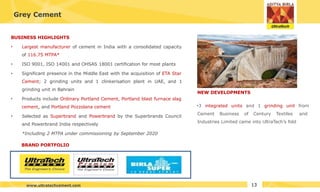 www.ultratechcement.com
Grey Cement
BUSINESS HIGHLIGHTS
•
•
• Largest manufacturer of cement in India with a consolidated capacity
of 116.75 MTPA*
ISO 9001, ISO 14001 and OHSAS 18001 certification for most plants
Significant presence in the Middle East with the acquisition of ETA Star
Cement; 2 grinding units and 1 clinkerisation plant in UAE, and 1
•
grinding unit in Bahrain
• Products include Ordinary Portland Cement, Portland blast furnace slag
cement, and Portland Pozzolana cement
Selected as Superbrand and Powerbrand by the Superbrands Council
and Powerbrand India respectively
*Including 2 MTPA under commissioning by September 2020
BRAND PORTFOLIO
13
NEW DEVELOPMENTS
•3 integrated units and 1 grinding unit from
Cement Business of Century Textiles and
Industries Limited came into UltraTech’s fold
 
