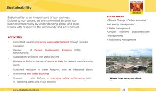ACTIVITIES
•
•
•
•
• Committed towards improving sustainable footprint through constant
innovation
Member of Cement Sustainability Initiative (CSI);
benchmarking
sustainability practices with global players
Pioneers in India in the use of waste as fuels for cement manufacturing
plants
Sustained reduction in water footprint, with all integrated plants
maintaining zero water discharge
Engaged with DuPont in improving safety performance, both
in operating plants and in our projects
Waste heat recovery plant
Sustainability
FOCUS AREAS
•Climate Change (Carbon emission
and energy management)
• Water management
•Circular economy (waste/resource
management)
• Biodiversity Management
Sustainability is an integral part of our business.
Guided by our values, we are committed to grow our
business responsibly by understanding global and local
trends with respect to the community and environment
25
www.ultratechcement.com
 