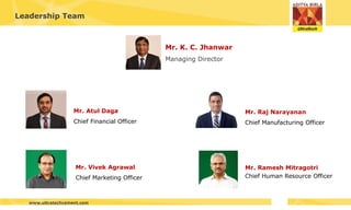 www.ultratechcement.com
Mr. K. C. Jhanwar
Managing Director
Mr. Atul Daga
Chief Financial Officer
Mr. Raj Narayanan
Chief Manufacturing Officer
Mr. Vivek Agrawal
Chief Marketing Officer
Mr. Ramesh Mitragotri
Chief Human Resource Officer
Leadership Team
 