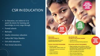 • In Education, our endeavor is to
spark the desire for learning and
knowledge at every stage through
• Formal schools
• Balwadis
• Quality elementary education
• Aditya Bal Vidya Mandirs
• Girl child education
• Non formal education.
CSR IN EDUCATION
 