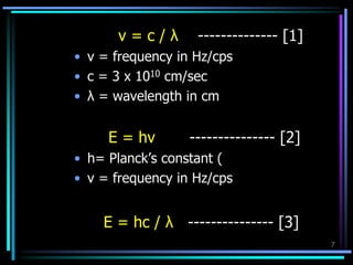 7
ν = c / λ -------------- [1]
• ν = frequency in Hz/cps
• c = 3 x 1010 cm/sec
• λ = wavelength in cm
E = hv --------------- [2]
• h= Planck’s constant (
• ν = frequency in Hz/cps
E = hc / λ --------------- [3]
 