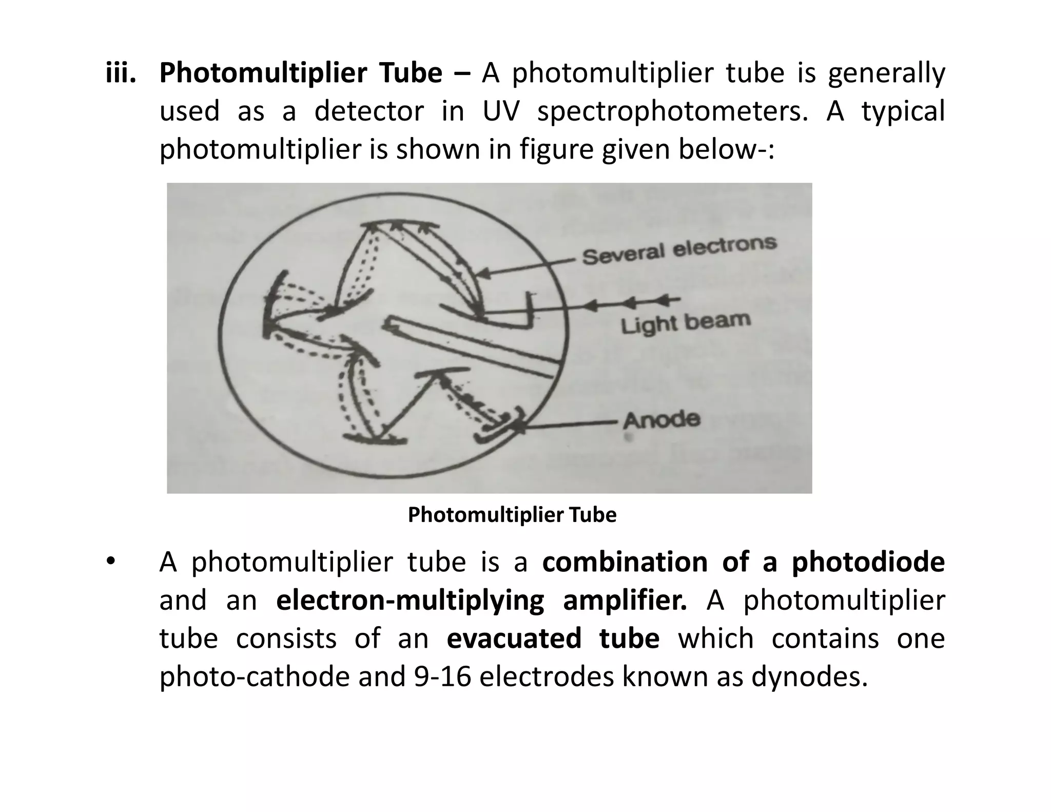 iii. Photomultiplier Tube – A photomultiplier tube is generally
used as a detector in UV spectrophotometers. A typical
photomultiplier is shown in figure given below-:
• A photomultiplier tube is a combination of a photodiode
and an electron-multiplying amplifier. A photomultiplier
tube consists of an evacuated tube which contains one
photo-cathode and 9-16 electrodes known as dynodes.
Photomultiplier Tube
 