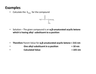 Examples
• Calculate the λmax for the compound
• Solution – The given compound is an α,β-unsaturated acyclic ketone
which is having alkyl substituent to α position
• Therefore Parent Value for α,β-unsaturated acyclic ketone = 215 nm
• One alkyl substituent in α position = 10 nm
• Calculated Value = 225 nm
 
