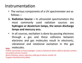 Instrumentation
• The various components of a UV spectrometer are as
follows -:
1. Radiation Source – In ultraviolet spectrometers the
most commonly used radiation sources are
hydrogen or deuterium lamps, the xenon discharge
lamps and mercury arcs.
• In all sources, excitation is done by passing electrons
through a gas and these collisions between
electrons and gas molecules result in electronic,
vibrational and rotational excitation in the gas
molecules.
Note:
H OR D; also known as heavy hydrogen nucleus of deutrium atoms called as deutron contains
one proton and one neutron.
Xenon-Colouless, dense, odourless noble gas of atomic number 54.
Tungsten-Hard Steel-Grey Metal
 