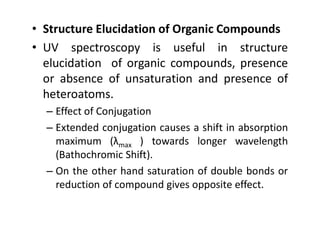 • Structure Elucidation of Organic Compounds
• UV spectroscopy is useful in structure
elucidation of organic compounds, presence
or absence of unsaturation and presence of
heteroatoms.
– Effect of Conjugation
– Extended conjugation causes a shift in absorption
– Extended conjugation causes a shift in absorption
maximum (λmax ) towards longer wavelength
(Bathochromic Shift).
– On the other hand saturation of double bonds or
reduction of compound gives opposite effect.
 