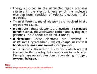 • Energy absorbed in the ultraviolet region produces
changes in the electronic energy of the molecule
resulting from transition of valence electrons in the
molecule.
• Three different types of electrons are involved in the
organic molecules.
• σ-electrons: These electrons are involved in saturated
bonds, such as those between carbon and hydrogen in
paraffins. These bonds are called σ-bonds.
• π–electrons: These electrons are involved in
• π–electrons: These electrons are involved in
unsaturated hydrocarbons. Typical compounds with π
bonds are trienes and aromatic compounds.
• n – electrons: These are the electrons which are not
involved in the bonding between atoms in molecules.
Examples are organic compounds containing nitrogen,
oxygen , halogen.
Note:
Trienes- Three separate carbon-carbon double bonds.
 