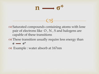 
 Saturated compounds containing atoms with lone
pair of electrons like O , N , S and halogens are
capable of these transitions
 These transition usually require less energy than
*
 Example : water absorb at 167nm
n *
 