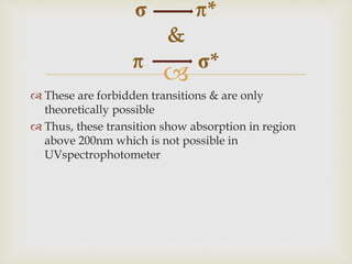 
 These are forbidden transitions & are only
theoretically possible
 Thus, these transition show absorption in region
above 200nm which is not possible in
UVspectrophotometer
*
&
*
 