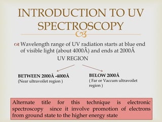
 Wavelength range of UV radiation starts at blue end
of visible light (about 4000Å) and ends at 2000Å
UV REGION
INTRODUCTION TO UV
SPECTROSCOPY
BETWEEN 2000Å -4000Å
(Near ultravoilet region )
BELOW 2000Å
( Far or Vaccum ultravoilet
region )
Alternate title for this technique is electronic
spectroscopy since it involve promotion of electrons
from ground state to the higher energy state
 