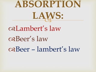 
Lambert’s law
Beer’s law
Beer – lambert’s law
ABSORPTION
LAWS:
 