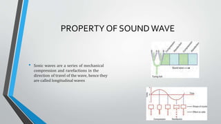 PROPERTY OF SOUND WAVE
• Sonic waves are a series of mechanical
compression and rarefactions in the
direction of travel of the wave, hence they
are called longitudinal waves
 