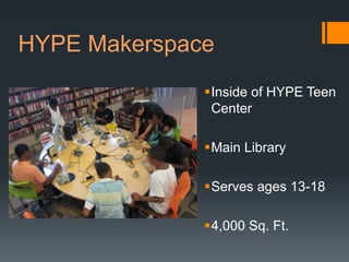 HYPE Makerspace
              Inside of HYPE Teen
               Center

              Main Library

              Serves ages 13-18

              4,000 Sq. Ft.
 