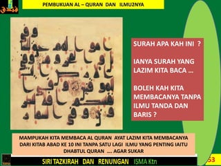 53
MAMPUKAH KITA MEMBACA AL QURAN AYAT LAZIM KITA MEMBACANYA
DARI KITAB ABAD KE 10 INI TANPA SATU LAGI ILMU YANG PENTING IAITU
DHABTUL QURAN …. AGAR SUKAR
PEMBUKUAN AL – QURAN DAN ILMU2NYA
SURAH APA KAH INI ?
IANYA SURAH YANG
LAZIM KITA BACA …
BOLEH KAH KITA
MEMBACANYA TANPA
ILMU TANDA DAN
BARIS ?
 