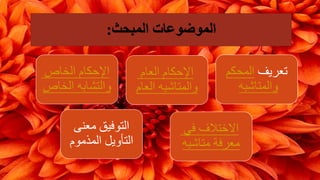 الموضوعات المبحث: 
تعريف المحكم 
والمتاشبه 
الإحكام العام 
والمتاشبه العام 
الإحكام الخاص 
والتشابه الخاص 
الاختلاف في 
معرفة متاشبه 
التوفيق معنى 
التأويل المذموم 
 