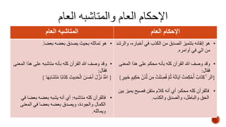 الإحكام العام المتاشبه العام 
• هو تماثله بحيث يصدق بعضه بعضا. 
• وقد وصف الله القرأن كله بأنه متاشبه على هذا المعنى 
فقال: 
} اهللَُّ نَهزلَ أَحْسَنَ الْحَدِيثِ كِ تَابًا مُتَشَابِهًا { 
• فالقرآن كله متاشبه: أي أنه يشبه بعضه بعضا في 
الكمال والجودة، ويصدق بعضه بعضا في المعنى 
ويماثله. 
• هو إتقانه بتتميز الصدق من الكذب في أخباره، والرشد 
من الي في أوامره. 
• وقد وصف الله القرآن كله بأنه محكم على هذا المعنى 
فقال: 
}الر كِتَابٌ أُحْكِمَتْ آيَاتُهُ ثُهم ف صِِلَتْ مِن لهدُنْ حَكِ ي م خَبِي ر { 
• فالقرأن كله محكم: أي أنه كلام متقن فصيح يميز بين 
الحق والباطل، والصدق والكذب. 
 