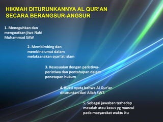 HIKMAH DITURUNKANNYA AL QUR’AN SECARA BERANGSUR-ANGSUR1. MeneguhkandanmenguatkanjiwaNabi Muhammad SAW2. Membimbingdanmembinaumatdalammelaksanakansyari’atislam3. Kesesuaiandenganperistiwa-peristiwadanpentahapandalampenetapanhukum4. Buktinyatabahwa Al Qur’an diturunkandari Allah SWT.5. Sebagaijawabanterhadapmasalahataukasusygmunculpadamasyarakatwaktuitu