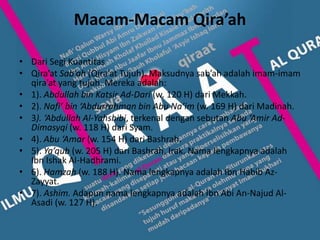Macam-Macam Qira’ah

• Dari Segi Kuantitas
• Qira’at Sab’ah (Qira’at Tujuh). Maksudnya sab’ah adalah imam-imam
  qira’at yang tujuh. Mereka adalah:
• 1). Abdullah bin Katsir Ad-Dari (w. 120 H) dari Mekkah.
• 2). Nafi’ bin ‘Abdurrahman bin Abu Na’im (w. 169 H) dari Madinah.
• 3). ‘Abdullah Al-Yahshibi, terkenal dengan sebutan Abu ‘Amir Ad-
  Dimasyqi (w. 118 H) dari Syam.
• 4). Abu ‘Amar (w. 154 H) dari Bashrah.
• 5). Ya’qub (w. 205 H) dari Bashrah, Irak. Nama lengkapnya adalah
  Ibn Ishak Al-Hadhrami.
• 6). Hamzah (w. 188 H). Nama lengkapnya adalah Ibn Habib Az-
  Zayyat.
• 7). Ashim. Adapun nama lengkapnya adalah Ibn Abi An-Najud Al-
  Asadi (w. 127 H).
 