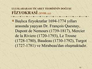 13
ULUSLARARASI TİCARET TEORİSİNİN DOĞUŞU
FİZYOKRASİ (XVIII. yy)
Başlıca fizyokratlar 1694-1774 yılları
arasında yaşıyan Dr. François Quesnay,
Dupont de Nemours (1739-1817), Mercier
de la Riviere (1720-1793), Le Trosne
(1728-1780), Baudeau (1730-1792), Turgot
(1727-1781) ve Mirabeau'dan oluşmaktadır.
 