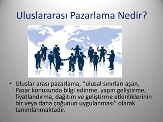 Uluslararası Pazarlama Nedir?

• Uluslar arası pazarlama, “ulusal sınırları aşan,
Pazar konusunda bilgi edinme, yapın geliştirme,
fiyatlandırma, dağıtım ve geliştirme etkinliklerinin
bir veya daha çoğunun uygulanması” olarak
tanımlanmaktadır.

 