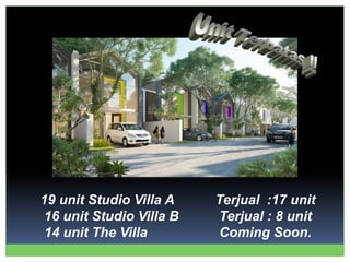19 unit Studio Villa A Terjual :17 unit
16 unit Studio Villa B Terjual : 8 unit
14 unit The Villa Coming Soon.
 