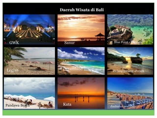 Daerah Wisata di Bali
GWK Sanur Blue Point - Uluwatu
Legian Dreamland
Pandawa Beach Kuta Jimbaran seafood
Padang padang -Pecatu
 