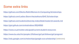 Some extra links
https://github.com/Diksha-Rathi/Women-In-Computing-Scholarships
https://github.com/Ladies-Storm-Hackathons/GHC-Scholarships
https://github.com/svaksha/diversity-index/blob/master/di-awards.md
https://gist.github.com/anikalindtner/9524950
https://www.cs.princeton.edu/grad/current-student-resources
https://www.bu.edu/hic/people-2/fellows/gsf-pd-fellows/gsf-program/
https://edu.google.com/scholarships/google-sva-scholarship/ (veterans)
 