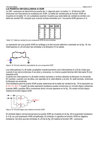 Electrónica Digital Página 14 de 27
LA PUERTA OR EXCLUSIVA O XOR
La OR - exclusiva se denomina la puerta de << algunos pero no todos >>. El término OR -
exclusiva con frecuencia se sustituye por XOR. La tabla de verdad para la función XOR se
muestra en la tabla 10. Un cuidadoso examen muestra que esta tabla de verdad es similar a la
tabla de verdad OR, excepto que cuando ambas entradas son 1 la puerta XOR genera un 0.
A B OR XOR
0
0
1
1
0
1
0
1
0
1
1
1
0
1
1
0
Tabla 10: Tabla de verdad de una compuerta XOR de dos entradas
La operación de una puerta XOR es análoga a la del circuito eléctrico mostrado en la fig. 18. los
interruptores A y B simulan las entradas y la lámpara (Y) la salida.
Figura 18: Circuito eléctrico equivalente de una compuerta XOR
Los interruptores A y B están acoplados mecánicamente a los interruptores A y B de modo que
cuando A se cierra entonces A se abre y viceversa. Lo mismo puede decirse del interruptor B con
respecto al B.
Cuando los interruptores A y B están ambos cerrados o ambos abiertos la lámpara no enciende.
En cambio, cuando uno de ellos, por ejemplo el A, está abierto y el otro, B, está cerrado, entonces
la lámpara se enciende.
Una booleana para la puerta XOR puede obtenerse de la tabla de verdad la fig. 19 la expresión es
A ·Β + ⊕ · B = Y a partir de esta expresión booleana puede construirse un circuito lógico utilizando
puertas AND, puertas OR e inversores dicho circuito aparece en la fig. 19 a este circuito lógico
realiza la función lógica XOR.
Figura 19: Circuito lógico que realiza la función XOR
El símbolo lógico convencional para la puerta XOR se muestra en la fig. 20 la expresión booleana
A ⊕ B, es una expresión XOR simplificada. El símbolo ⊕ significa la función XOR en álgebra
booleana. Se dice que las entradas A y B de la fig. 20 realiza la función OR - exclusiva.
 