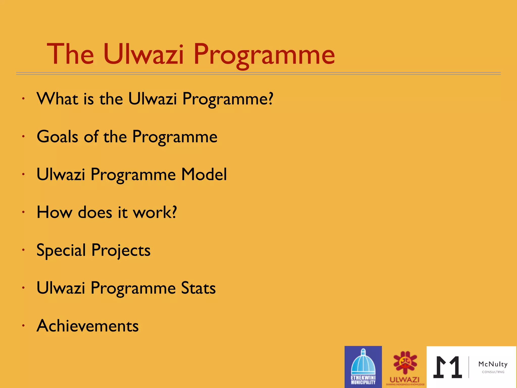 The Ulwazi Programme 
• What is the Ulwazi Programme?
• Goals of the Programme
• Ulwazi Programme Model
• How does it work?
• Special Projects
• Ulwazi Programme Stats
• Achievements
• Going Forward
 