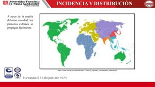 INCIDENCIA Y DISTRIBUCIÓN
A pesar de la amplia
difusión mundial, los
parásitos externos se
propagan fácilmente.
https://www.esccap.org/uploads/docs/22hejwfj_esguian3_ectoparasitos_altausb.pdf
 