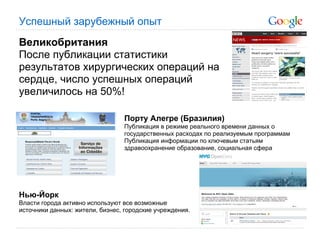 Успешный зарубежный опыт
Великобритания
После публикации статистики
результатов хирургических операций на
сердце, число успешных операций
увеличилось на 50%!

                                 Порту Алегре (Бразилия)
                                 Публикация в режиме реального времени данных о
                                 государственных расходах по реализуемым программам
                                 Публикация информации по ключевым статьям
                                 здравоохранение образование, социальная сфера




Нью-Йорк
Власти города активно используют все возможные
источники данных: жители, бизнес, городские учреждения.
 