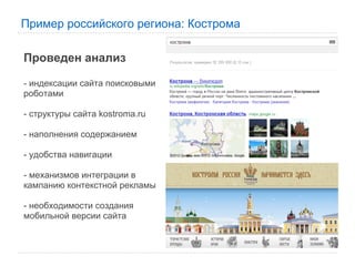 Пример российского региона: Кострома

Проведен анализ

- индексации сайта поисковыми
роботами

- структуры сайта kostroma.ru

- наполнения содержанием

- удобства навигации

- механизмов интеграции в
кампанию контекстной рекламы

- необходимости создания
мобильной версии сайта
 