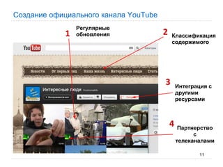 Создание официального канала YouTube
               Регулярные
               обновления              Классификация
                                       содержимого




                                       Интеграция с
                                       другими
                                       ресурсами




                                         Партнерство
                                              с
                                        телеканалами

                                               11
 