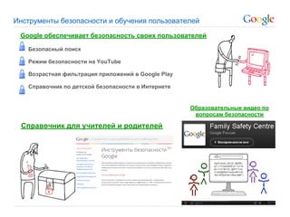 Инструменты безопасности и обучения пользователей
 Google обеспечивает безопасность своих пользователей

   Безопасный поиск

   Режим безопасности на YouTube

   Возрастная фильтрация приложений в Google Play

   Справочник по детской безопасности в Интернете


                                                    Образовательные видео по
                                                     вопросам безопасности

  Справочник для учителей и родителей
 