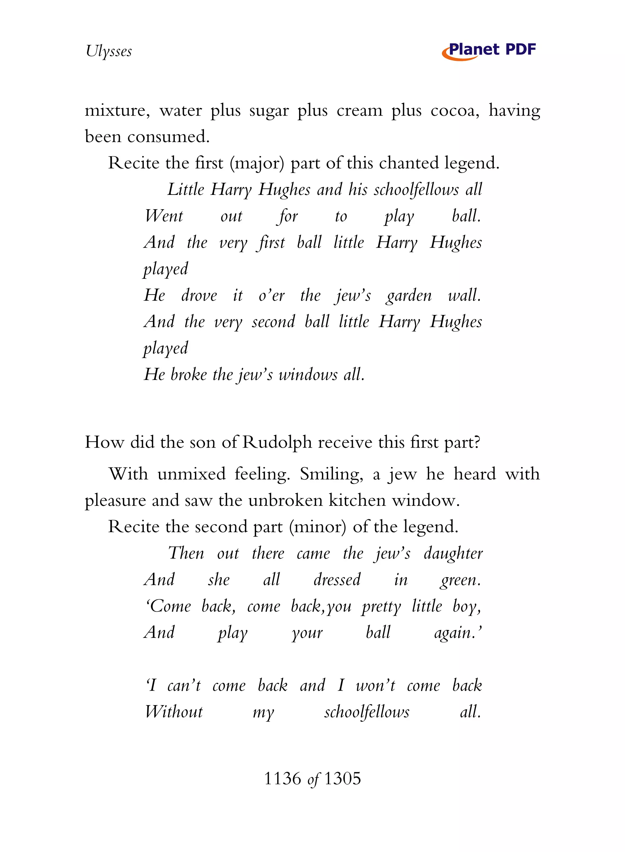 Ulysses


mixture, water plus sugar plus cream plus cocoa, having
been consumed.
   Recite the first (major) part of this chanted legend.
          Little Harry Hughes and his schoolfellows all
       Went       out     for     to      play    ball.
       And the very first ball little Harry Hughes
       played
       He drove it o’er the jew’s garden wall.
       And the very second ball little Harry Hughes
       played
       He broke the jew’s windows all.


How did the son of Rudolph receive this first part?
   With unmixed feeling. Smiling, a jew he heard with
pleasure and saw the unbroken kitchen window.
   Recite the second part (minor) of the legend.
           Then out there came the jew’s daughter
        And     she   all    dressed      in   green.
        ‘Come back, come back,you pretty little boy,
        And      play     your       ball     again.’

          ‘I can’t come back and I won’t come back
          Without       my      schoolfellows  all.


                        1136 of 1305
 