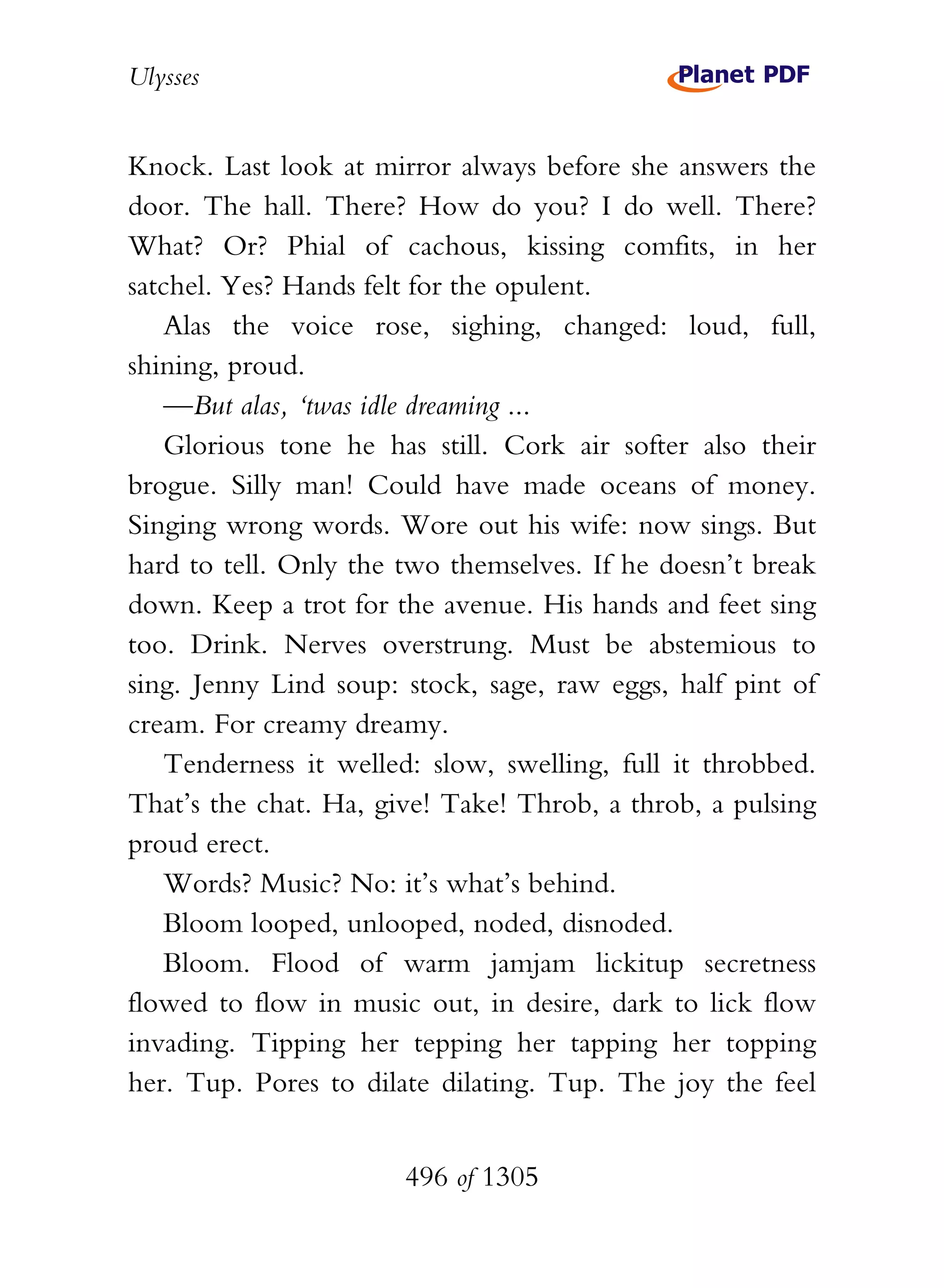 Ulysses


Knock. Last look at mirror always before she answers the
door. The hall. There? How do you? I do well. There?
What? Or? Phial of cachous, kissing comfits, in her
satchel. Yes? Hands felt for the opulent.
   Alas the voice rose, sighing, changed: loud, full,
shining, proud.
   —But alas, ‘twas idle dreaming ...
   Glorious tone he has still. Cork air softer also their
brogue. Silly man! Could have made oceans of money.
Singing wrong words. Wore out his wife: now sings. But
hard to tell. Only the two themselves. If he doesn’t break
down. Keep a trot for the avenue. His hands and feet sing
too. Drink. Nerves overstrung. Must be abstemious to
sing. Jenny Lind soup: stock, sage, raw eggs, half pint of
cream. For creamy dreamy.
   Tenderness it welled: slow, swelling, full it throbbed.
That’s the chat. Ha, give! Take! Throb, a throb, a pulsing
proud erect.
   Words? Music? No: it’s what’s behind.
   Bloom looped, unlooped, noded, disnoded.
   Bloom. Flood of warm jamjam lickitup secretness
flowed to flow in music out, in desire, dark to lick flow
invading. Tipping her tepping her tapping her topping
her. Tup. Pores to dilate dilating. Tup. The joy the feel


                       496 of 1305
 
