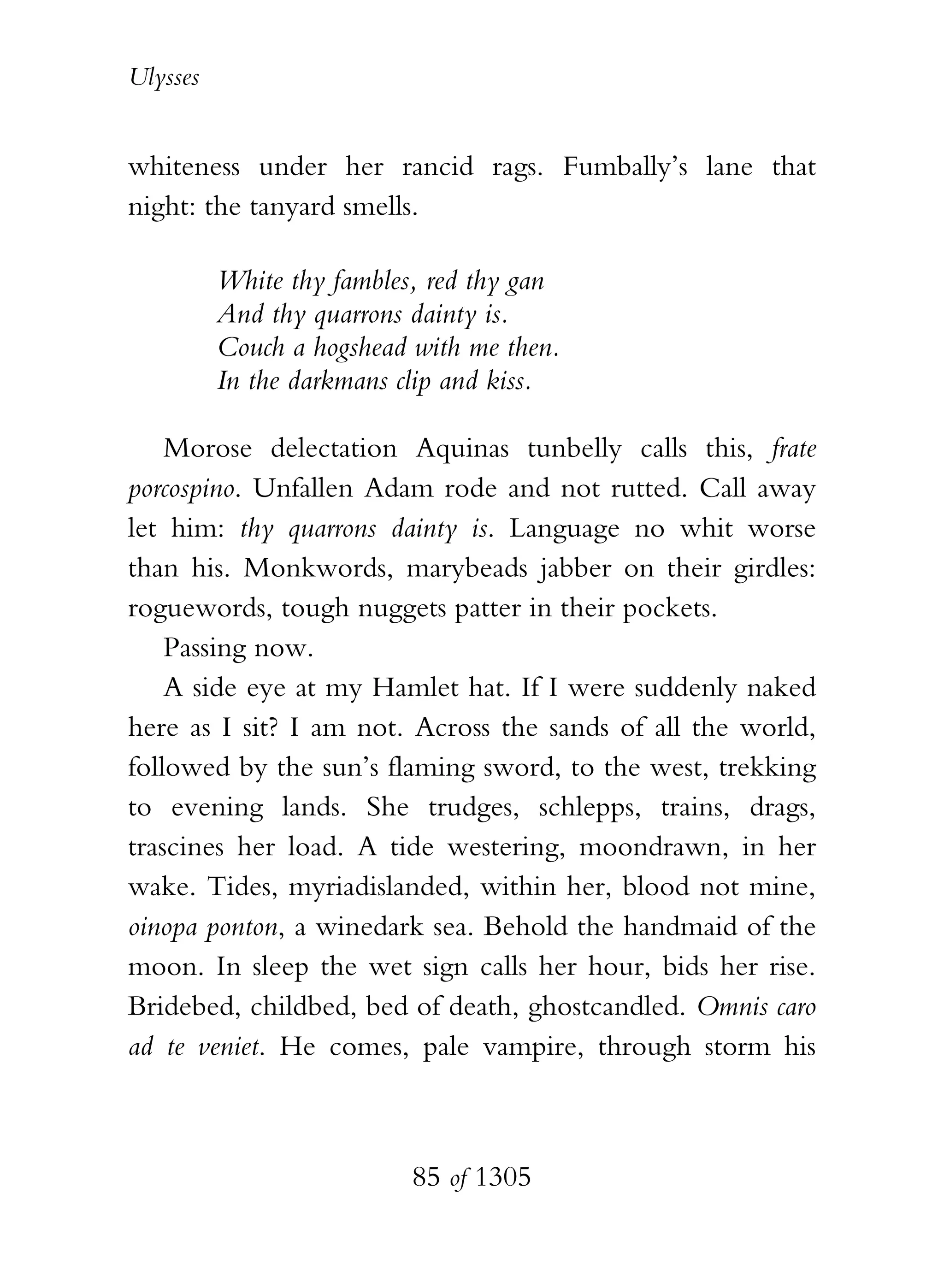 Ulysses


whiteness under her rancid rags. Fumbally’s lane that
night: the tanyard smells.

          White thy fambles, red thy gan
          And thy quarrons dainty is.
          Couch a hogshead with me then.
          In the darkmans clip and kiss.

    Morose delectation Aquinas tunbelly calls this, frate
porcospino. Unfallen Adam rode and not rutted. Call away
let him: thy quarrons dainty is. Language no whit worse
than his. Monkwords, marybeads jabber on their girdles:
roguewords, tough nuggets patter in their pockets.
    Passing now.
    A side eye at my Hamlet hat. If I were suddenly naked
here as I sit? I am not. Across the sands of all the world,
followed by the sun’s flaming sword, to the west, trekking
to evening lands. She trudges, schlepps, trains, drags,
trascines her load. A tide westering, moondrawn, in her
wake. Tides, myriadislanded, within her, blood not mine,
oinopa ponton, a winedark sea. Behold the handmaid of the
moon. In sleep the wet sign calls her hour, bids her rise.
Bridebed, childbed, bed of death, ghostcandled. Omnis caro
ad te veniet. He comes, pale vampire, through storm his



                           85 of 1305
 