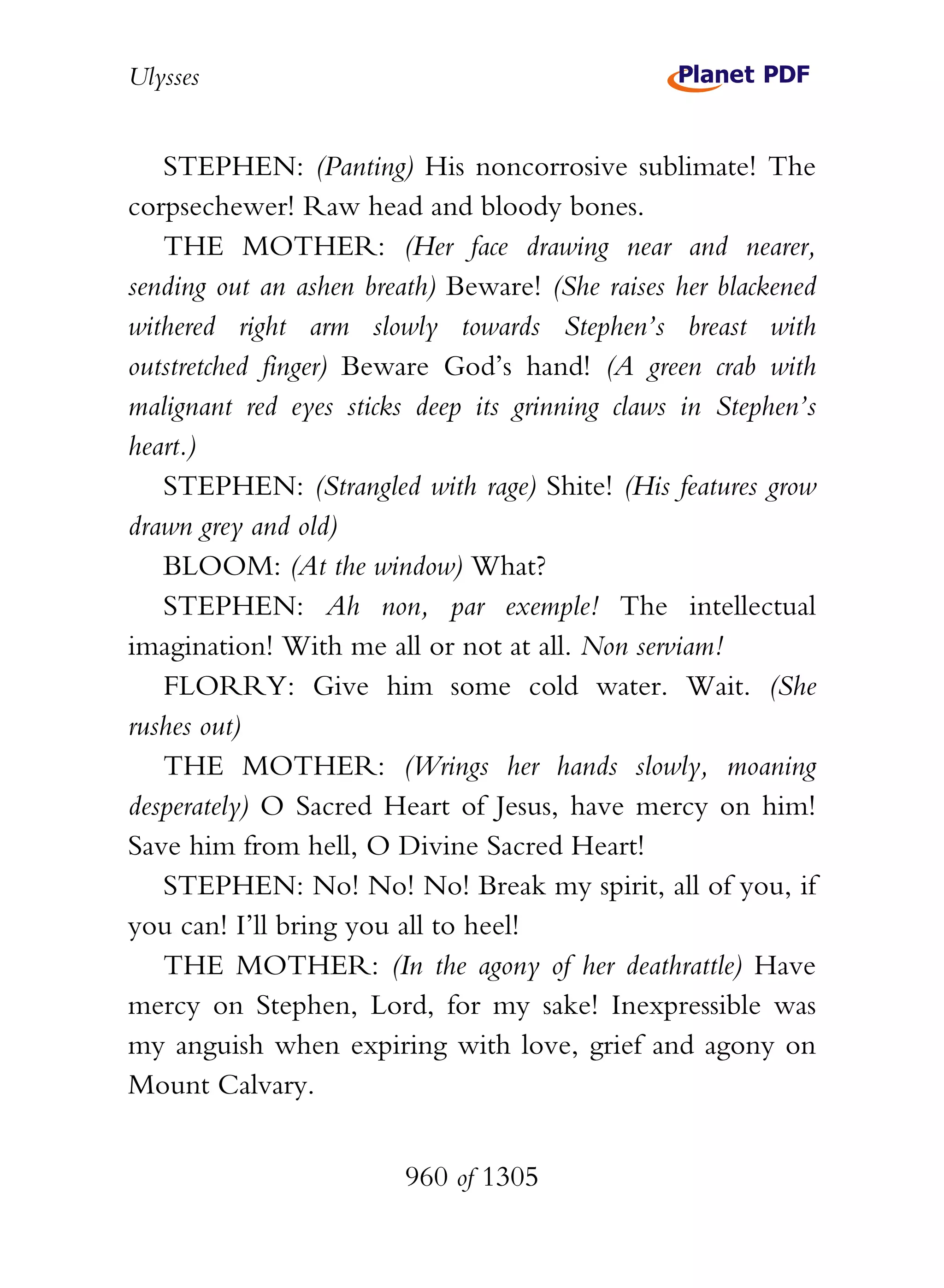 Ulysses


   STEPHEN: (Panting) His noncorrosive sublimate! The
corpsechewer! Raw head and bloody bones.
   THE MOTHER: (Her face drawing near and nearer,
sending out an ashen breath) Beware! (She raises her blackened
withered right arm slowly towards Stephen’s breast with
outstretched finger) Beware God’s hand! (A green crab with
malignant red eyes sticks deep its grinning claws in Stephen’s
heart.)
   STEPHEN: (Strangled with rage) Shite! (His features grow
drawn grey and old)
   BLOOM: (At the window) What?
   STEPHEN: Ah non, par exemple! The intellectual
imagination! With me all or not at all. Non serviam!
   FLORRY: Give him some cold water. Wait. (She
rushes out)
   THE MOTHER: (Wrings her hands slowly, moaning
desperately) O Sacred Heart of Jesus, have mercy on him!
Save him from hell, O Divine Sacred Heart!
   STEPHEN: No! No! No! Break my spirit, all of you, if
you can! I’ll bring you all to heel!
   THE MOTHER: (In the agony of her deathrattle) Have
mercy on Stephen, Lord, for my sake! Inexpressible was
my anguish when expiring with love, grief and agony on
Mount Calvary.


                        960 of 1305
 