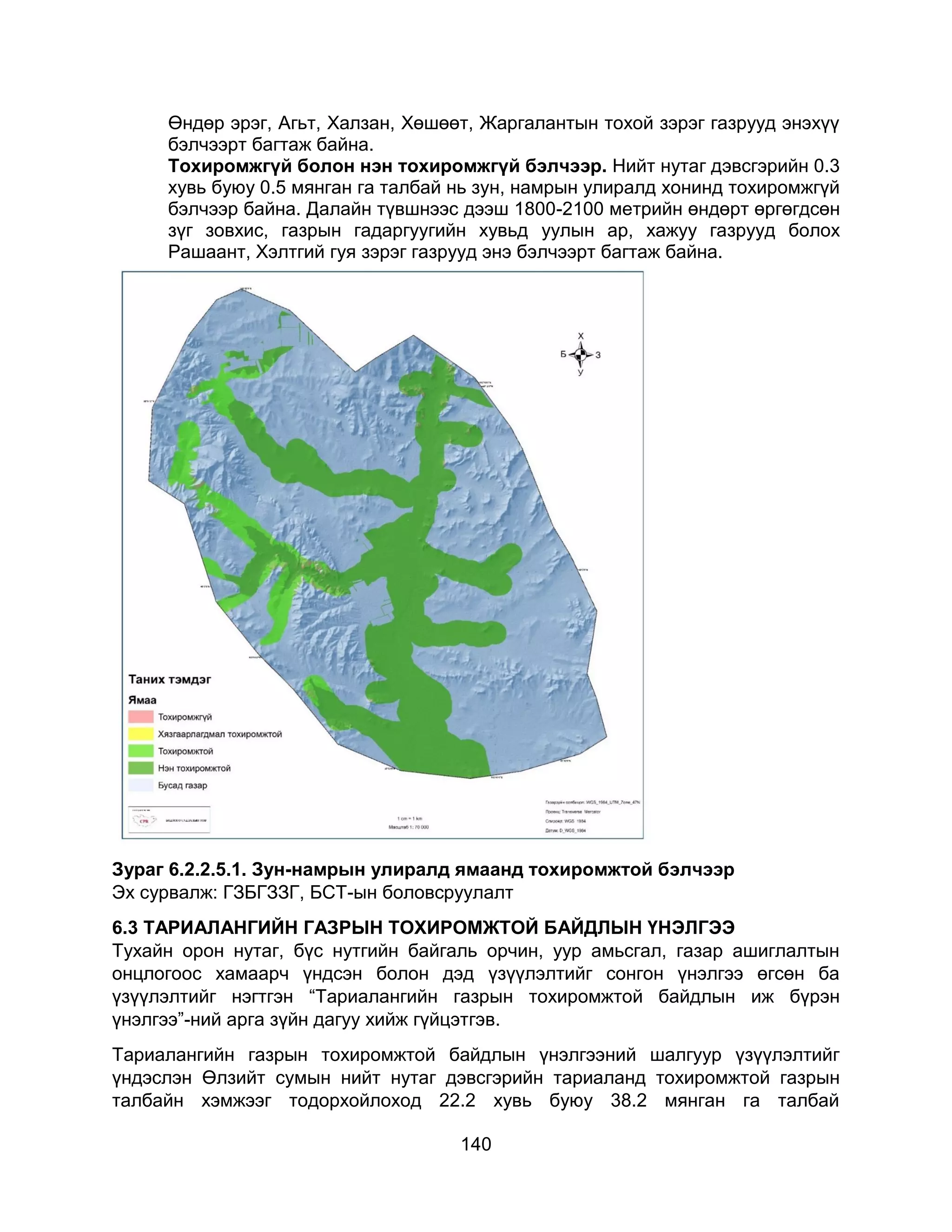 140
Өндөр эрэг, Агьт, Халзан, Хөшөөт, Жаргалантын тохой зэрэг газрууд энэхүү
бэлчээрт багтаж байна.
Тохиромжгүй болон нэн тохиромжгүй бэлчээр. Нийт нутаг дэвсгэрийн 0.3
хувь буюу 0.5 мянган га талбай нь зун, намрын улиралд хонинд тохиромжгүй
бэлчээр байна. Далайн түвшнээс дээш 1800-2100 метрийн өндөрт өргөгдсөн
зүг зовхис, газрын гадаргуугийн хувьд уулын ар, хажуу газрууд болох
Рашаант, Хэлтгий гуя зэрэг газрууд энэ бэлчээрт багтаж байна.
Зураг 6.2.2.5.1. Зун-намрын улиралд ямаанд тохиромжтой бэлчээр
Эх сурвалж: ГЗБГЗЗГ, БСТ-ын боловсруулалт
6.3 ТАРИАЛАНГИЙН ГАЗРЫН ТОХИРОМЖТОЙ БАЙДЛЫН ҮНЭЛГЭЭ
Тухайн орон нутаг, бүс нутгийн байгаль орчин, уур амьсгал, газар ашиглалтын
онцлогоос хамаарч үндсэн болон дэд үзүүлэлтийг сонгон үнэлгээ өгсөн ба
үзүүлэлтийг нэгтгэн “Тариалангийн газрын тохиромжтой байдлын иж бүрэн
үнэлгээ”-ний арга зүйн дагуу хийж гүйцэтгэв.
Тариалангийн газрын тохиромжтой байдлын үнэлгээний шалгуур үзүүлэлтийг
үндэслэн Өлзийт сумын нийт нутаг дэвсгэрийн тариаланд тохиромжтой газрын
талбайн хэмжээг тодорхойлоход 22.2 хувь буюу 38.2 мянган га талбай
 